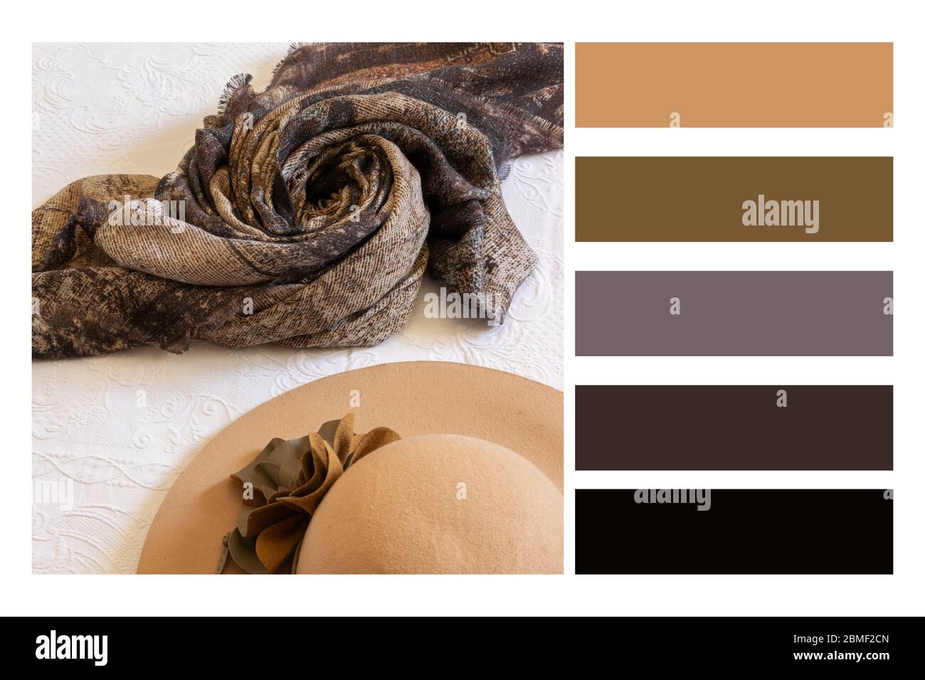 Abito femminile elegante autunno. Abito da donna in stile flatlay e tavolozza di colori, con campioni di colore gratuiti Foto Stock