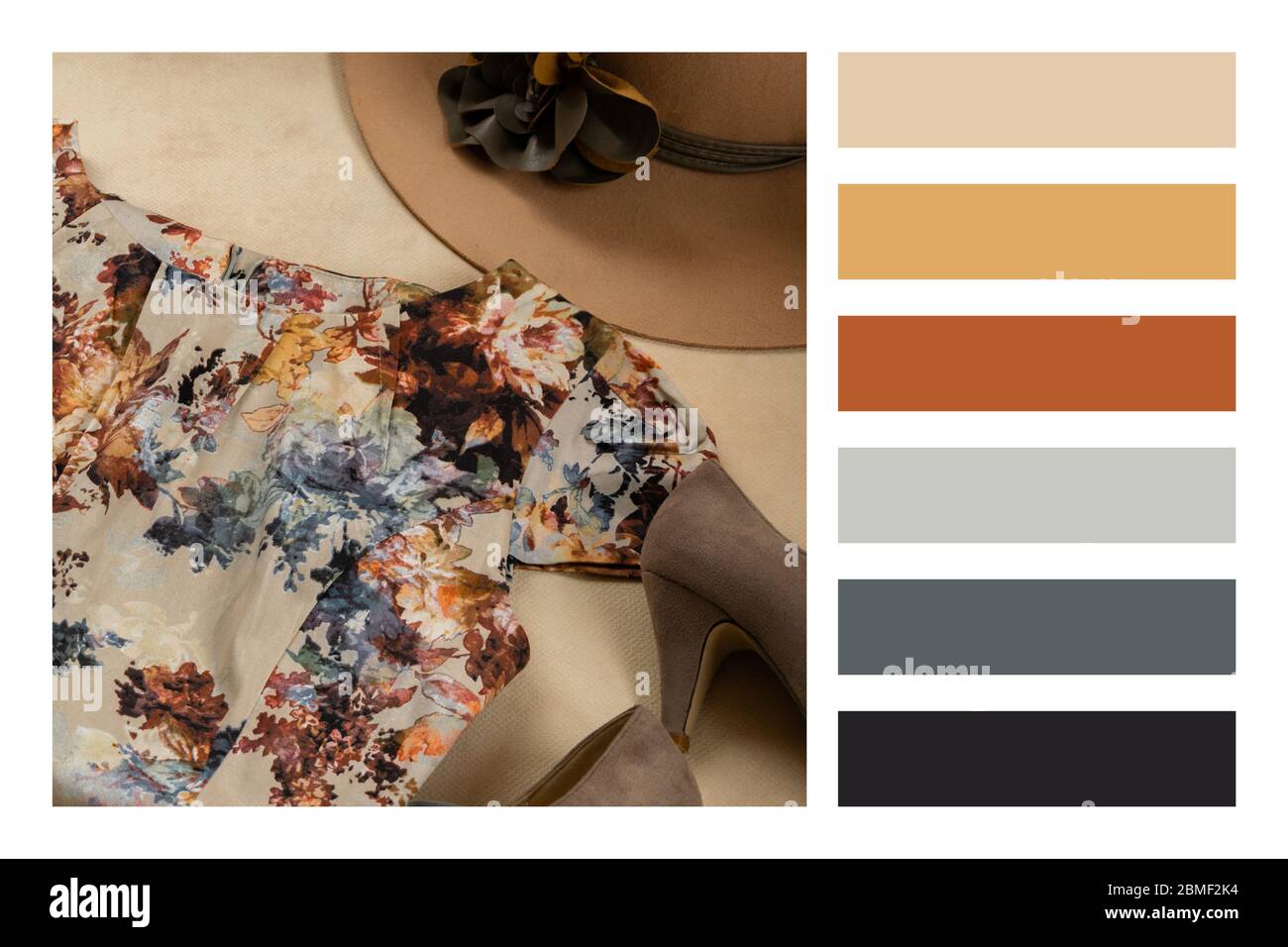 Abito femminile elegante autunno. Abito da donna in stile flatlay e tavolozza di colori, con campioni di colore gratuiti Foto Stock