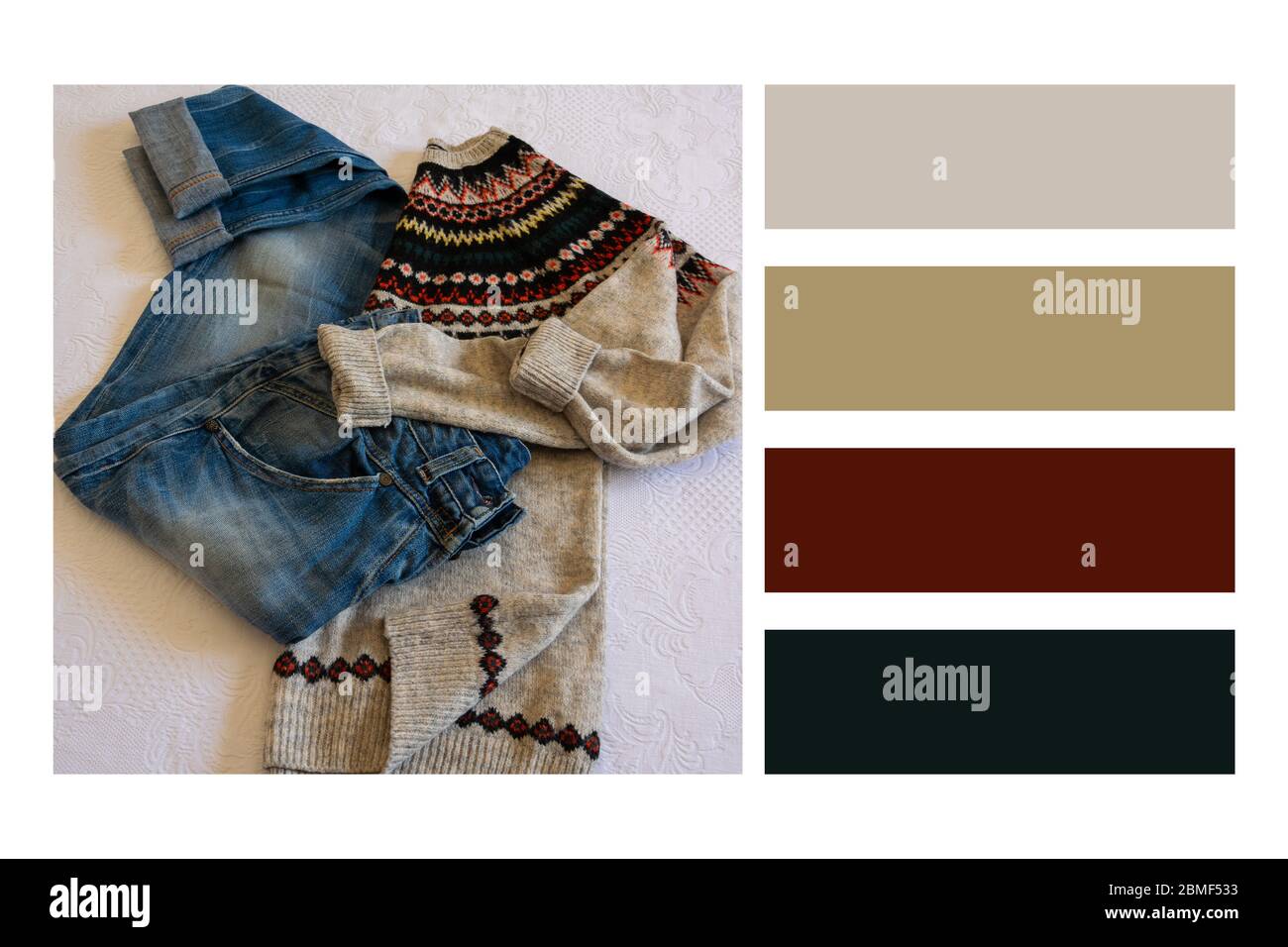 Abito elegante informale da donna. Abito da donna in una tavolozza di colori, con campioni di colore in omaggio Foto Stock