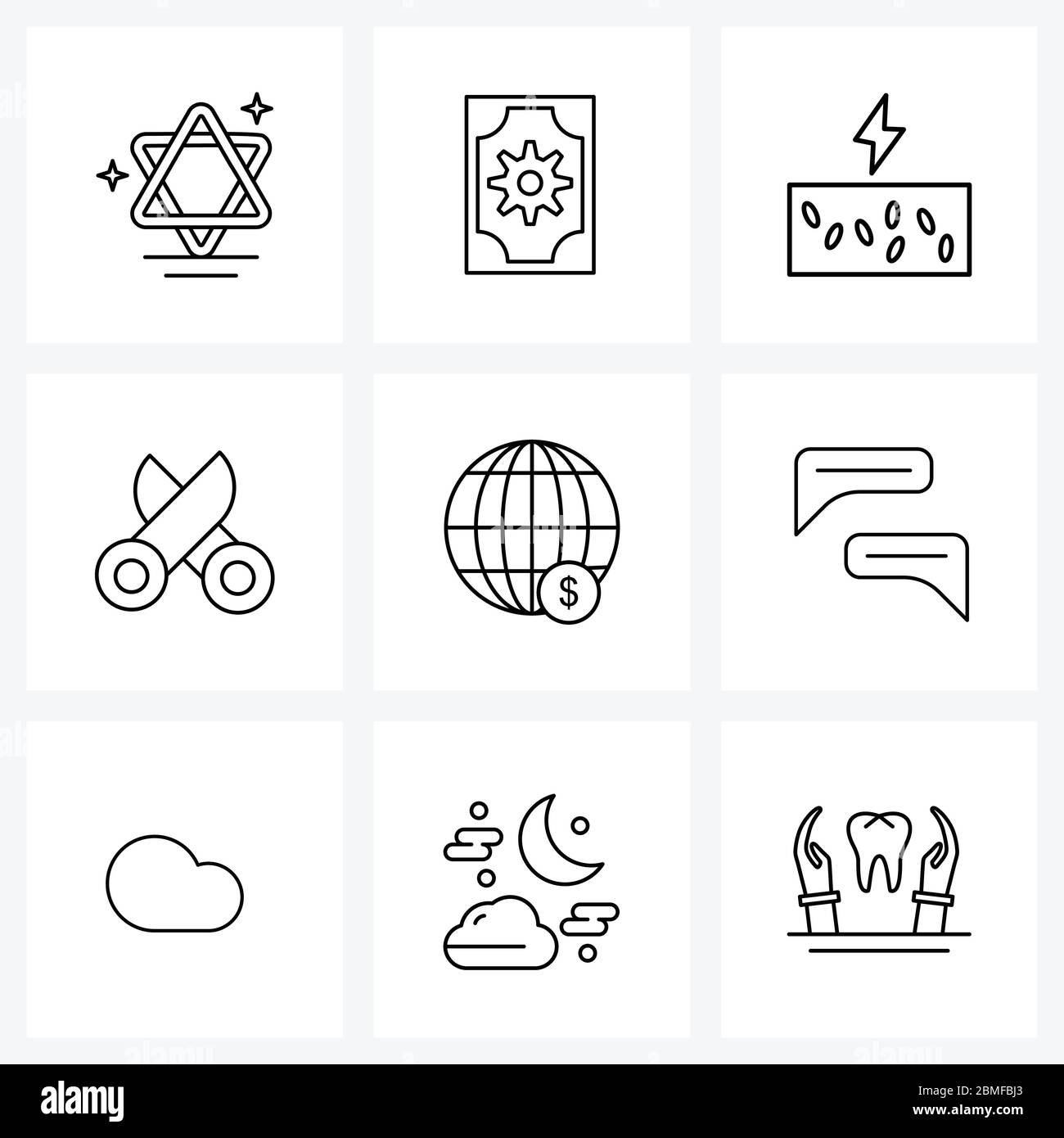 Set di 9 icone UI e simboli per soldi, dollaro, protezione, globo, forbici Vector Illustration Illustrazione Vettoriale