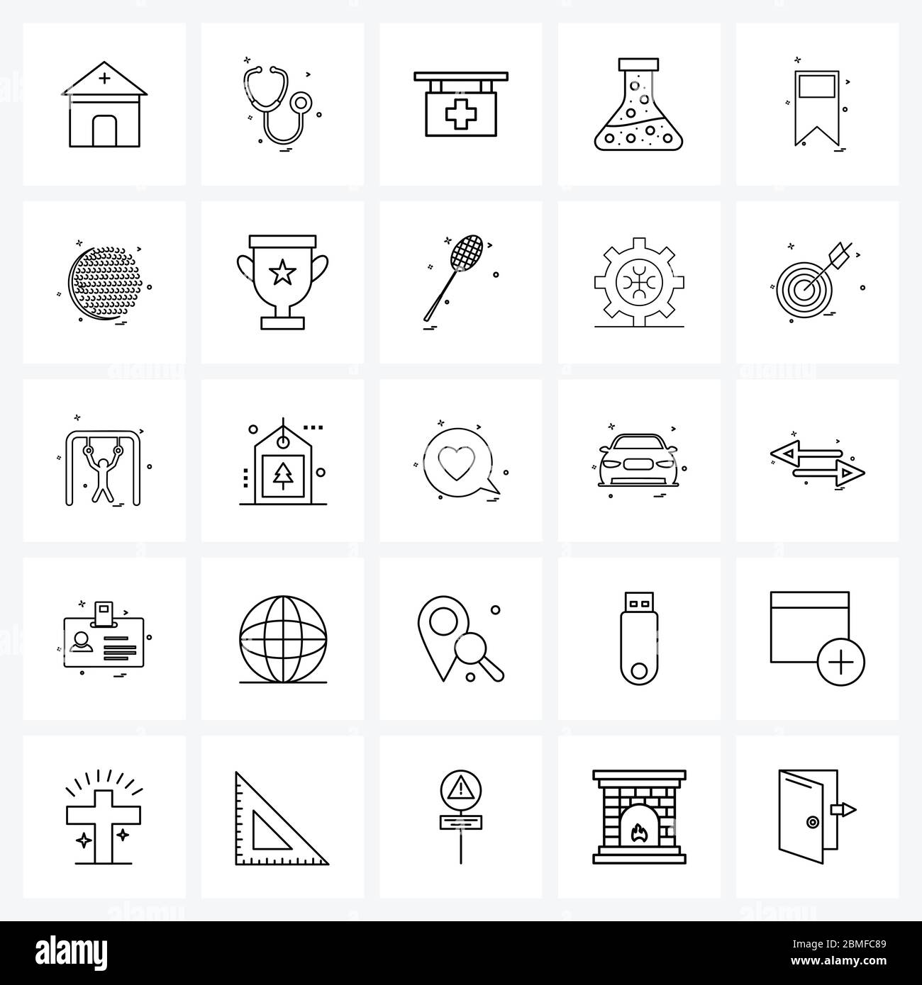 25 Set di icone della linea di interfaccia di simboli moderni su nastro, etichetta, ospedale, etichetta, vettore fiasca Illustrazione Vettoriale