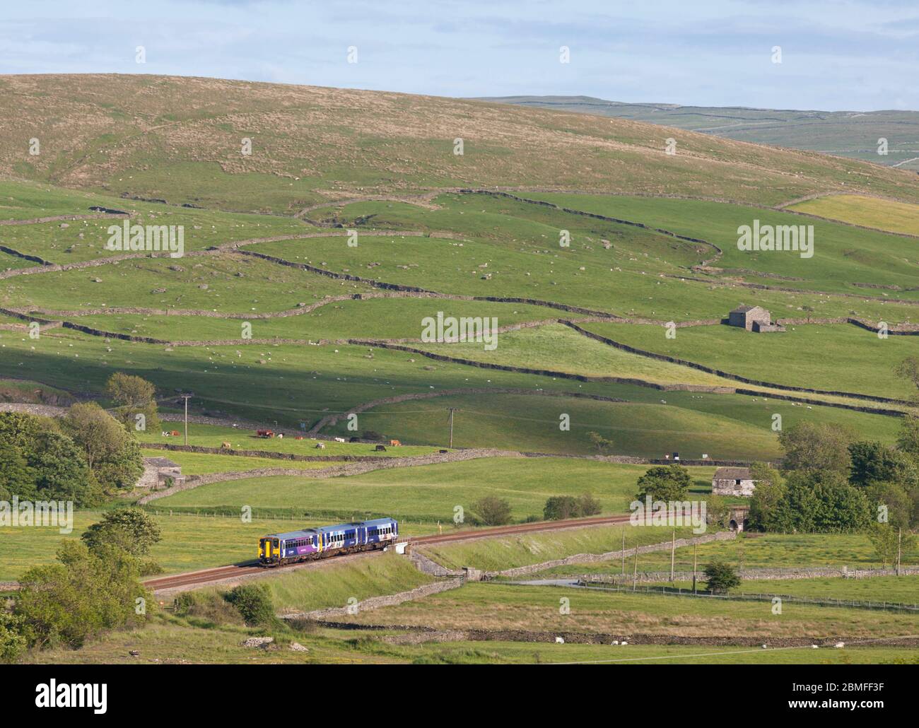 Treno Nord classe 153 + 158 treni sprinter che passano la campagna a Helwith Bridge sul punto panoramico per Carlisle ferrovia Foto Stock