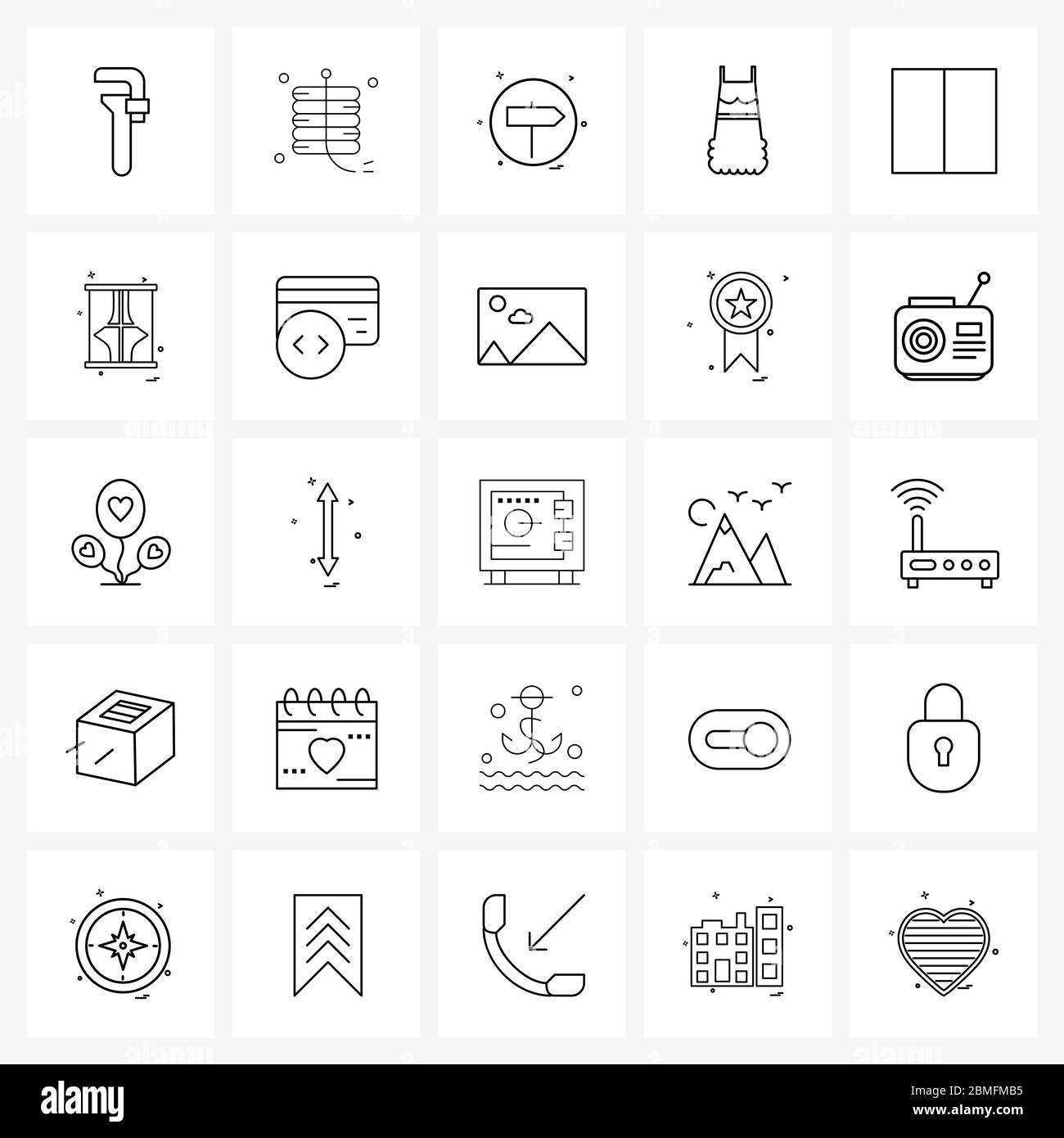 Set di icone vettoriali in stock con 25 simboli di linea per griglia, abito, fuochi d'artificio, panni, illustrazione vettoriale a freccia Illustrazione Vettoriale
