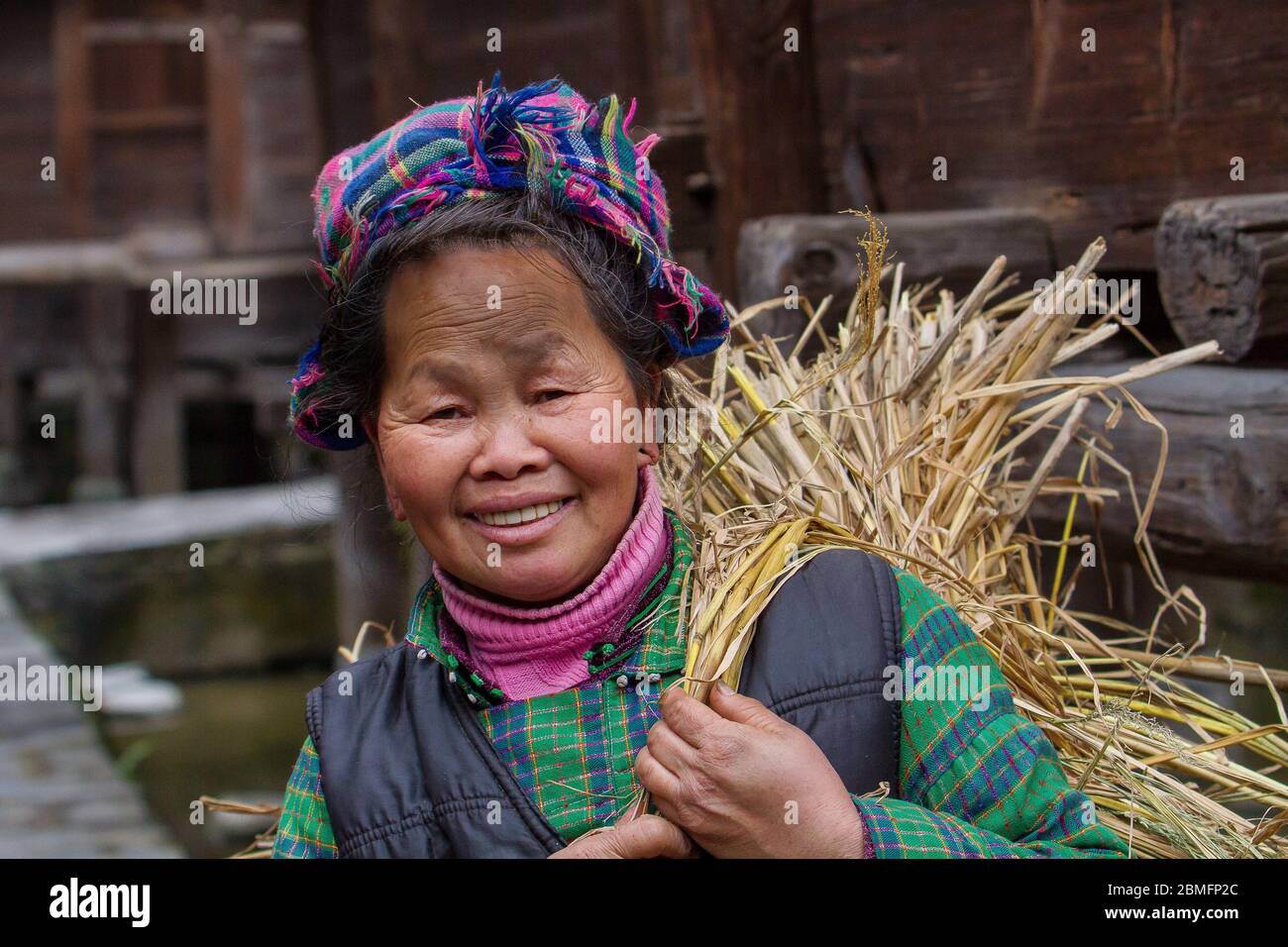 Una donna anziana con il suo carico di fieno. È della minoranza Miao della gonna corta di Datang. Zona di Kaili, provincia di Guizhou, Cina Foto Stock