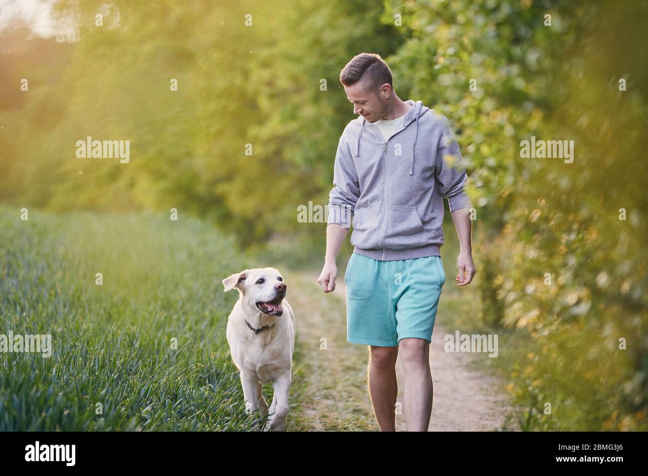 Giovane uomo che cammina con il suo cane felice (labrador Retiver) sul sentiero in primavera natura. Foto Stock