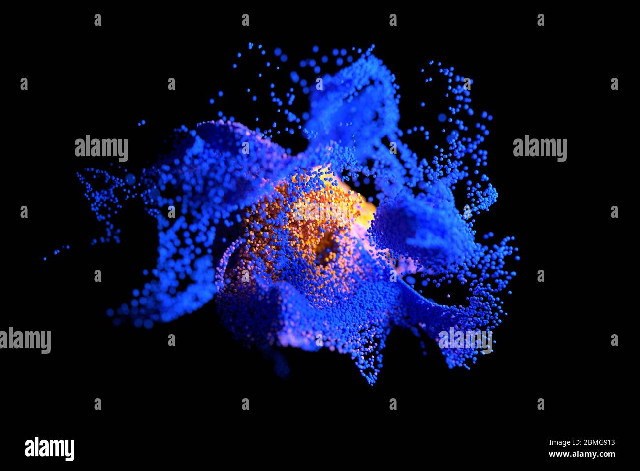 Cloud computing blu e arancione con particelle. Concetto di coronavirus. Sfondo astratto generato dal computer. illustrazione 3d Foto Stock