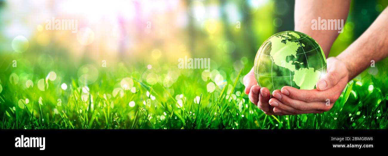 Mani che tiene la Terra di Cristallo in ambiente verde lussureggiante con luce solare - cura per il concetto di ambiente Foto Stock