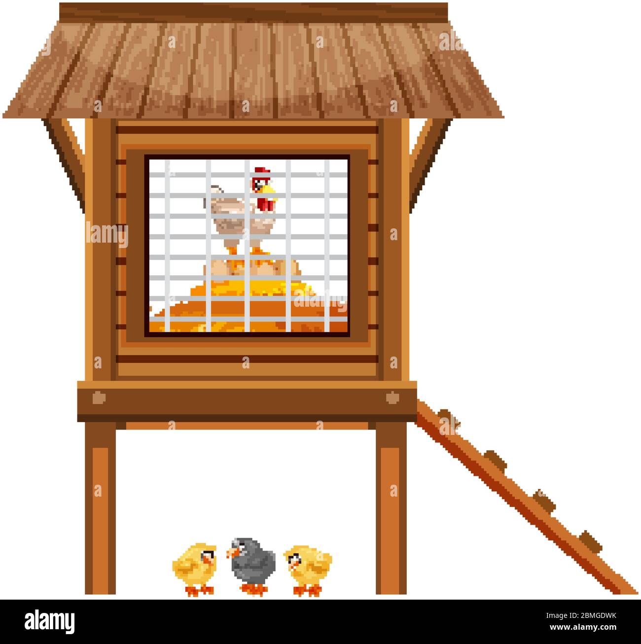 Polli nella coop di pollo su sfondo bianco illustrazione Illustrazione Vettoriale