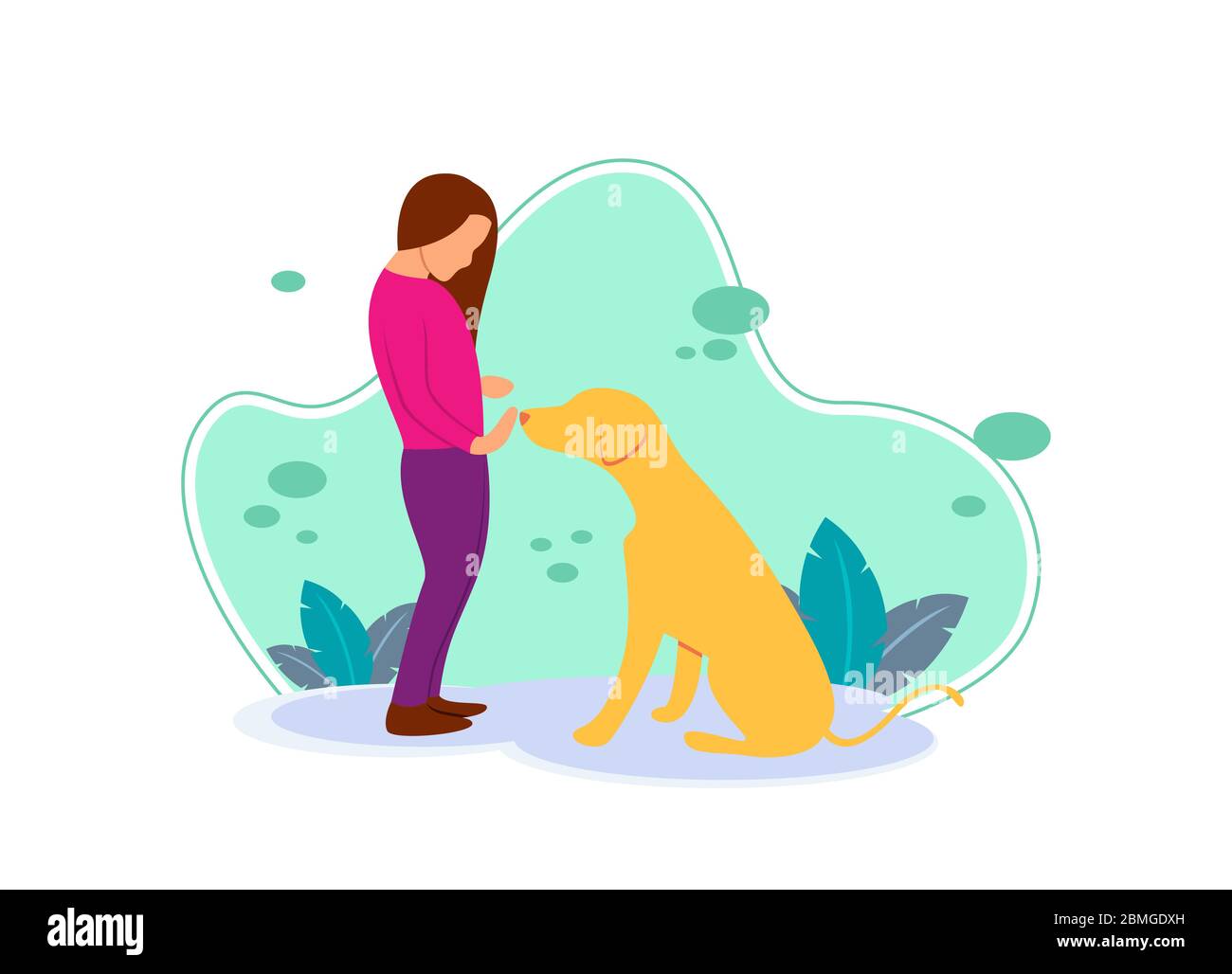 Illustrazione vettoriale piatta di una bambina in piedi che accarezzava il suo cane. Amicizia tra bambine e cani. Attività svolte durante la quarantena Illustrazione Vettoriale
