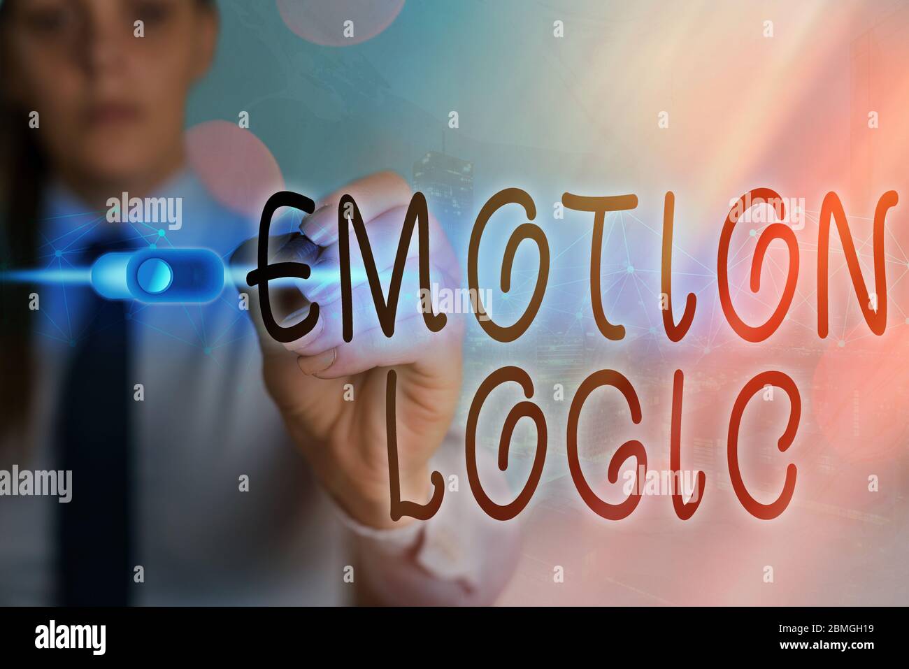Nota di scrittura che mostra Emotion Logic. Concetto di business per cuore o anima del cervello o intelligenza confusione uguale equilibrio Foto Stock