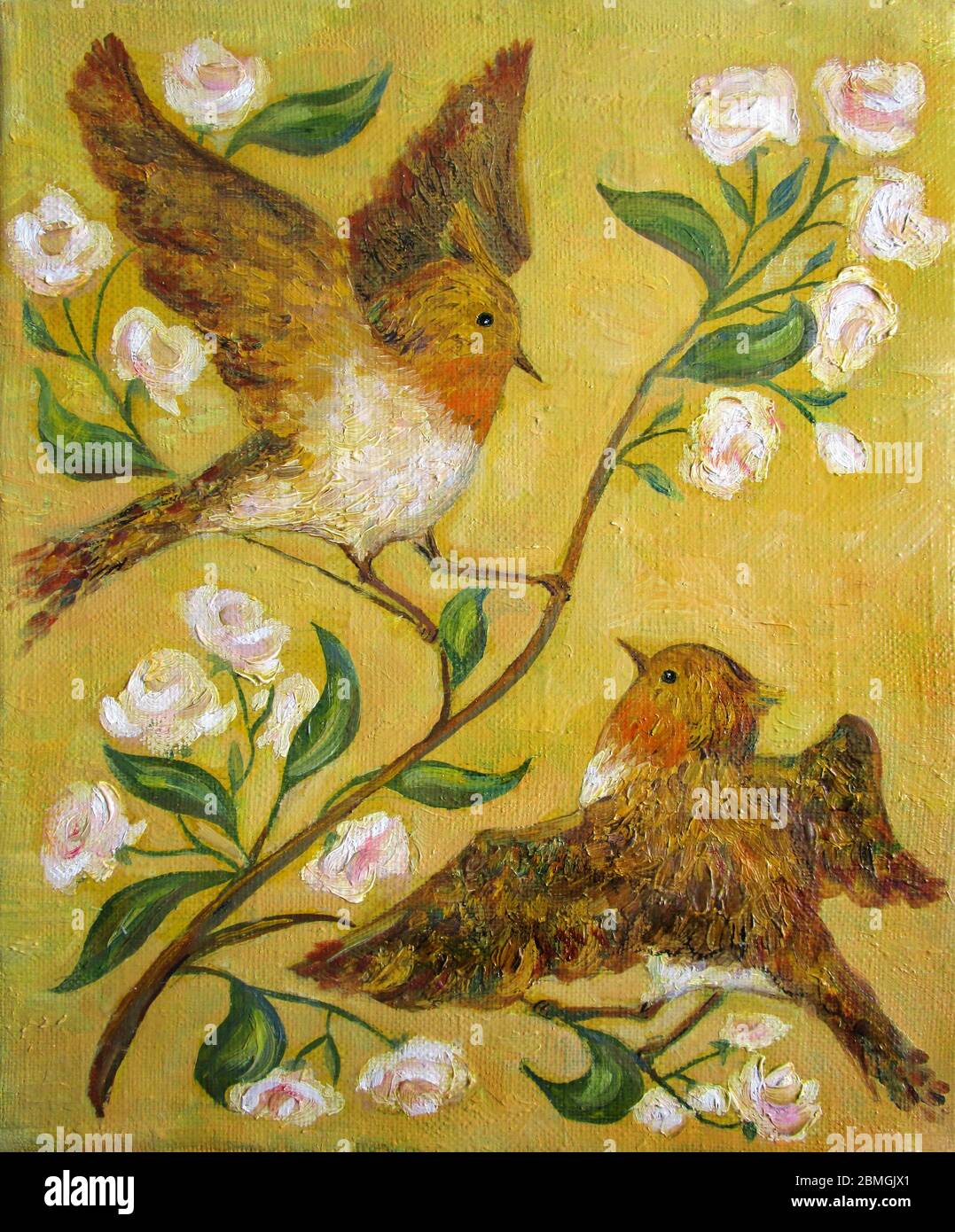Due uccelli volanti su sfondo giallo, dipinto ad olio Foto Stock