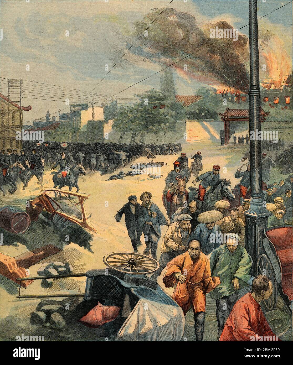 [ 1900s Japan - Hibiya incendiary Incident ] – Illustrazione dell'incidente dell'incendiario di Hibiya (日比谷焼打事件 Hibiya Yakiuchi Jiken), una rivolta scoppiata a Tokyo il 5 settembre 1905 per protestare contro i termini del Trattato di Portsmouth, che pose fine alla guerra russo-giapponese (1904-1905). Le mob arrabbiate si sono dilagate per due giorni e hanno distrutto o danneggiato più di 350 edifici. Centinaia di persone sono state ferite e 17 sono state uccise. I disordini si sono diffusi in Giappone e durati mesi. Questa immagine è stata pubblicata sul prominente quotidiano francese le Petit Parisien. illustrazione del giornale vintage del xx secolo. Foto Stock