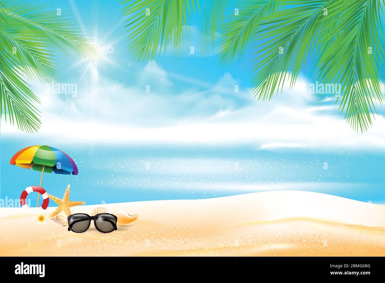 Stella di occhiali da sole di pesci e fiori in spiaggia di sabbia su sfocatura del mare e del cielo con luce solare e flare copyspace sfondo astratto illustrazione vettoriale Illustrazione Vettoriale