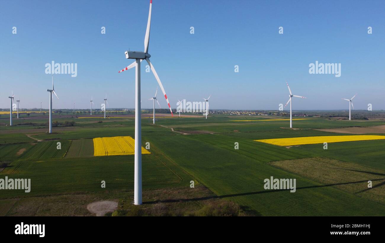 Turbine eoliche farm. Mulini a vento circondati da campi in primavera, Pomerania, Polonia. Foto Stock