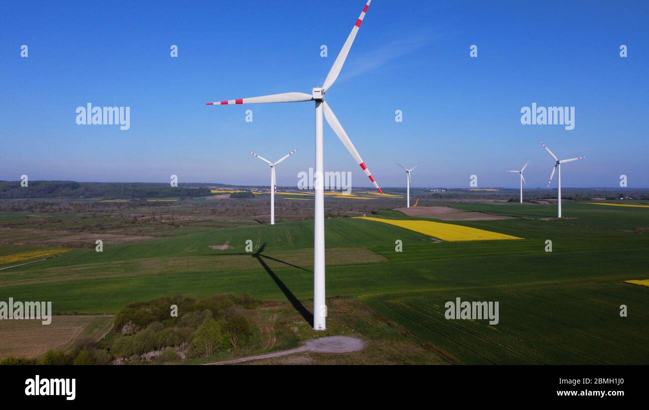 Mulini a vento generano elettricità in un campo. Pomerania, Polonia Foto Stock