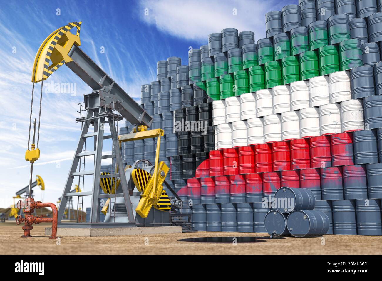 Produzione ed estrazione di olio in Kuwait. Martinetto della pompa dell'olio e barili dell'olio con bandiera Kuwait. illustrazione 3d Foto Stock