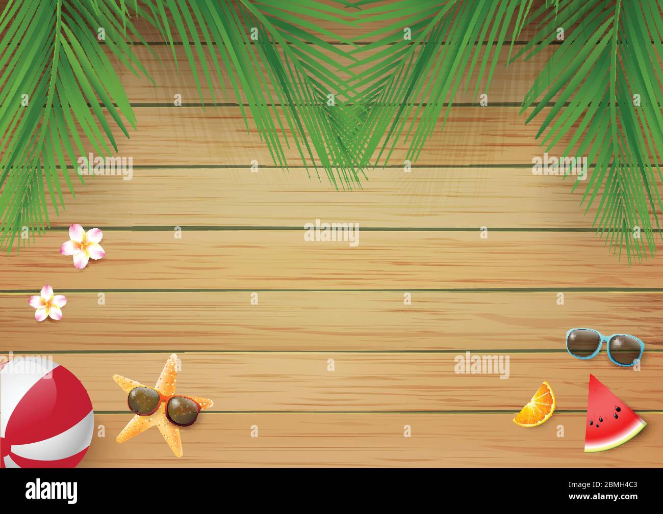 Estate sfondo in legno con fresca foglia di palma per il concetto di vacanza, con vetro da sole di fiori d'arancio su tavolo in legno, contro stelle marine e spazio copia vecto Illustrazione Vettoriale