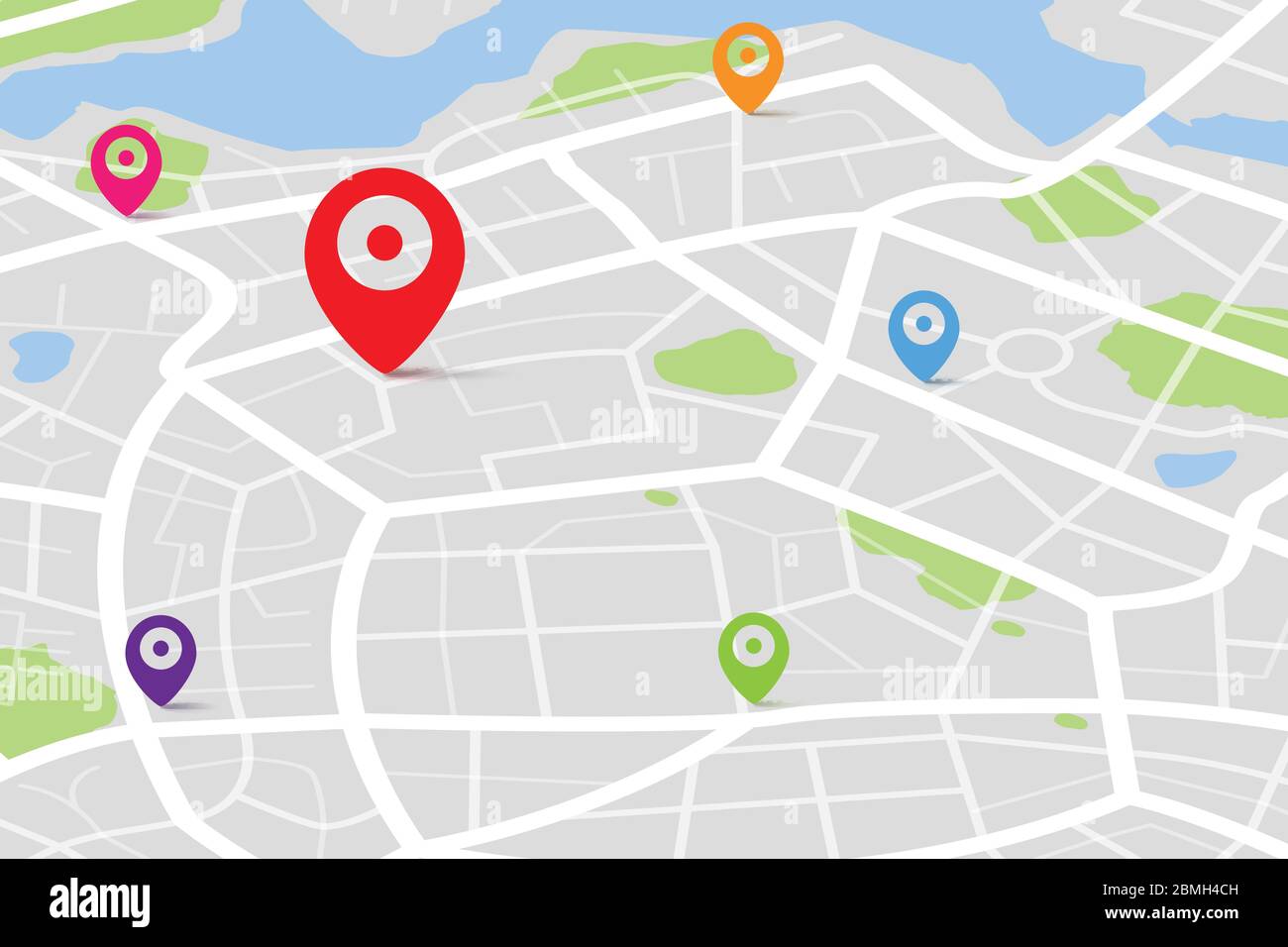 Mappa isometrica 3D con punto di destinazione, vista aerea pulita dall'alto della mappa della città dell'ora del giorno con strada e fiume, mappa dell'immaginazione urbana vuota, G. Illustrazione Vettoriale