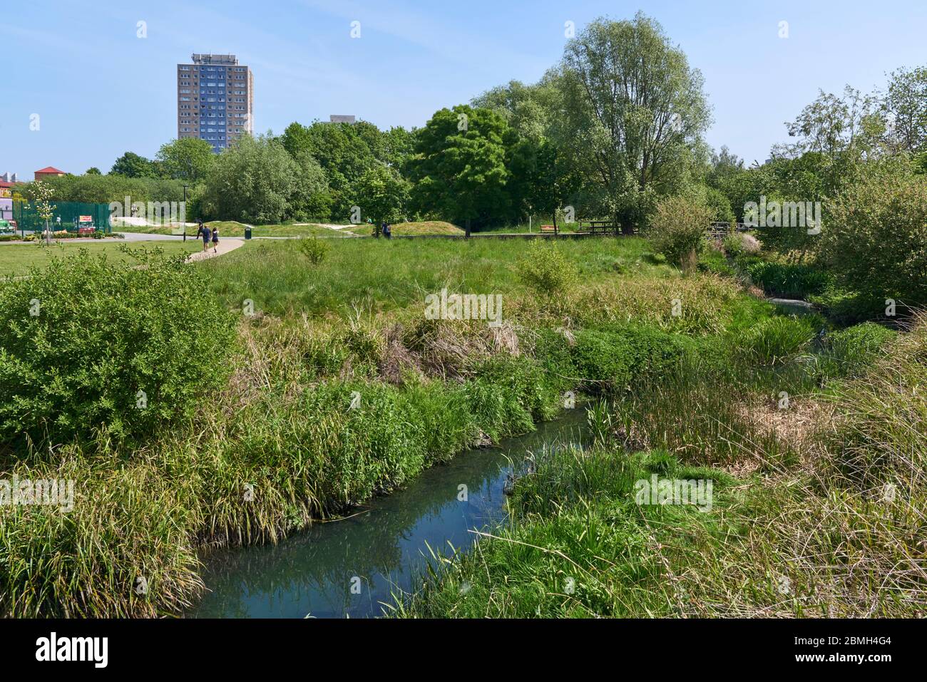 Lordship Recreation Ground e il fiume Moselle, guardando verso la Broadwater Farm Estate, Tottenham, Londra Regno Unito Foto Stock