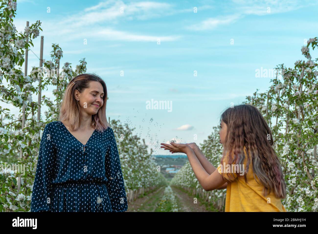 Piccola ragazza riccio che soffia dente di leone sulla sua bella mamma in abito verde Foto Stock