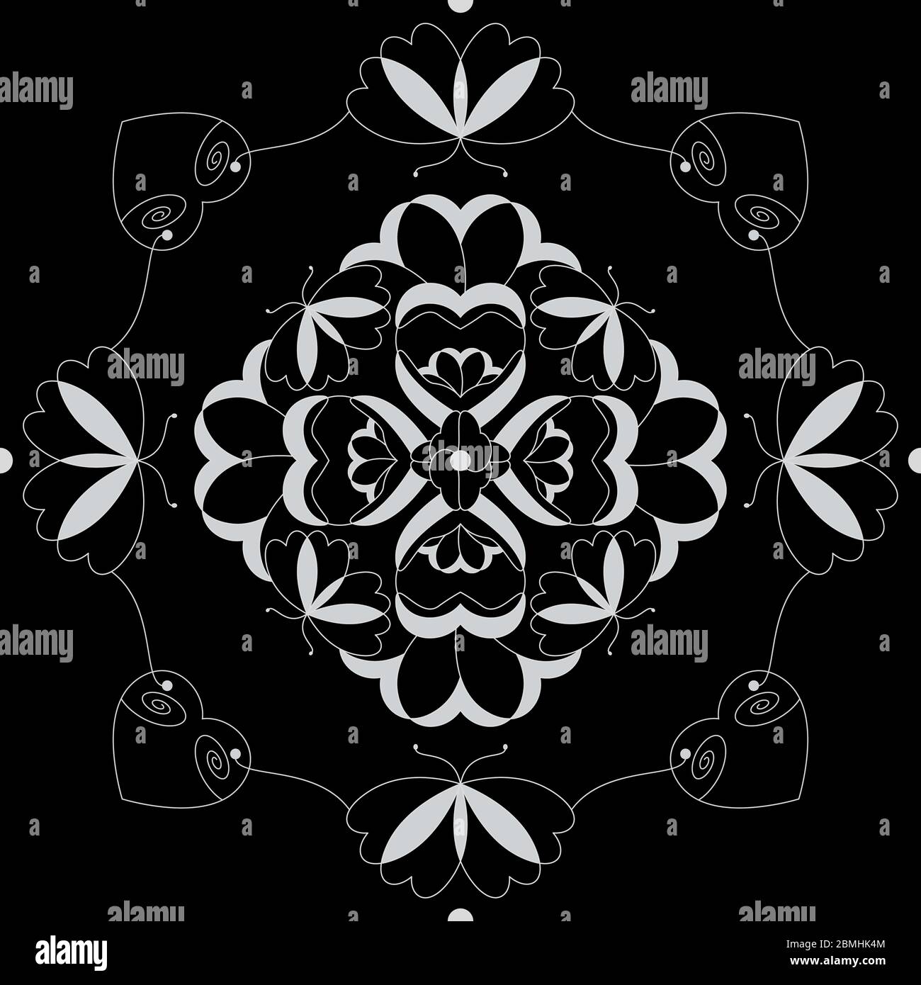Modello senza cuciture con farfalle e cuori. Colore bianco e nero. Vettore Illustrazione Vettoriale