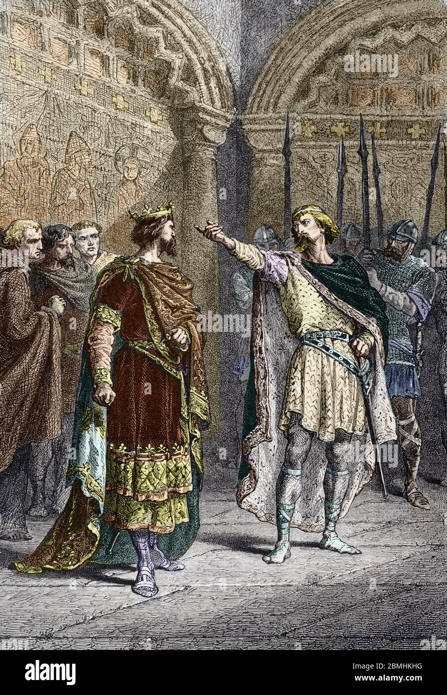 Regime feodale : 'qui t'a fait roi?' : Audebert, comte de Perigord, repond avec insolence au roi Hugues Capet (938-996) qui lui demande qui l'a fait co Foto Stock