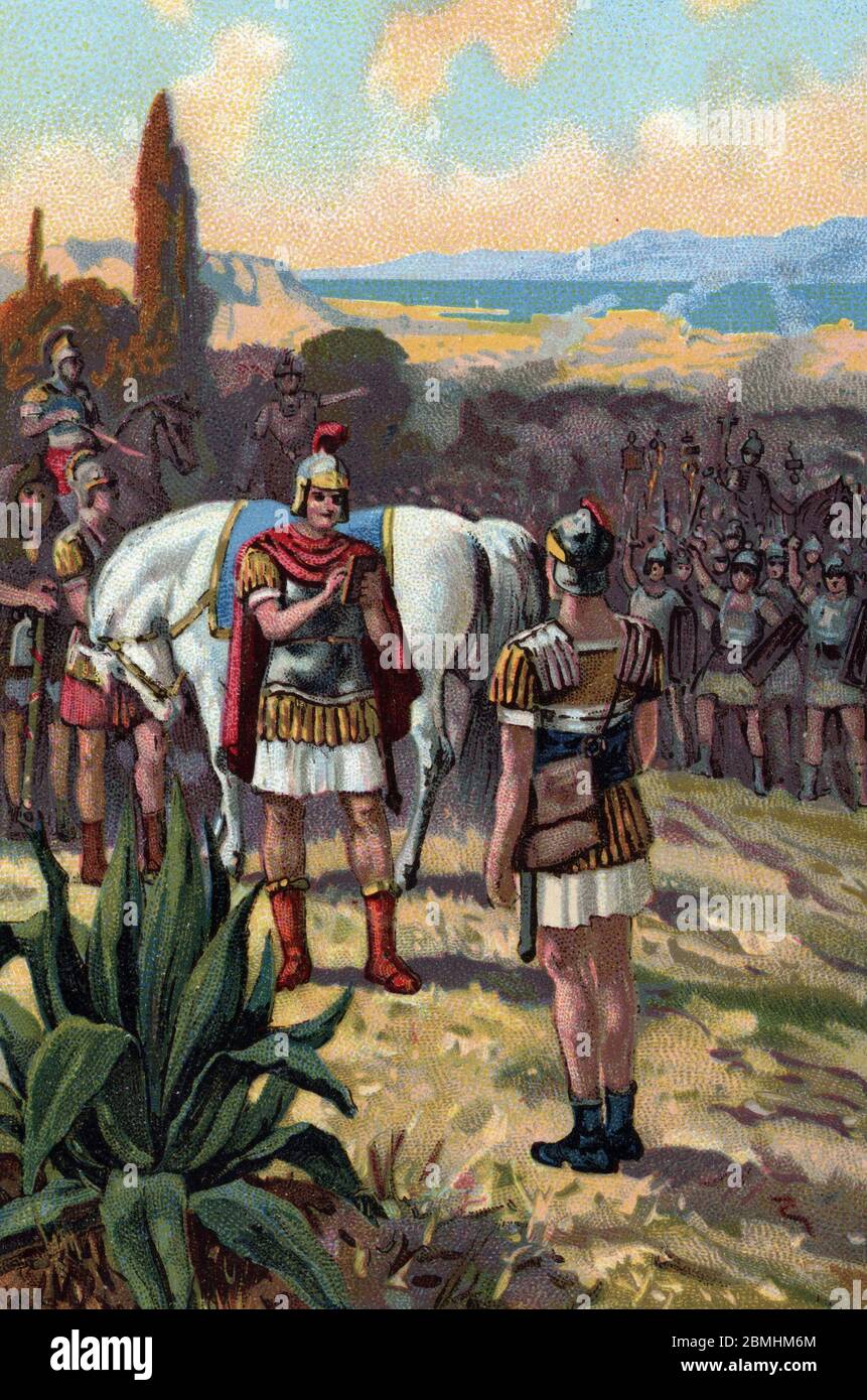 'La rencontre de Jules Cesar (100-44 avant JC) et du roi du Pont Pharnace II (97-47 avant JC) lors de la bataille de Zela en 47 avant JC, qui fera pro Foto Stock