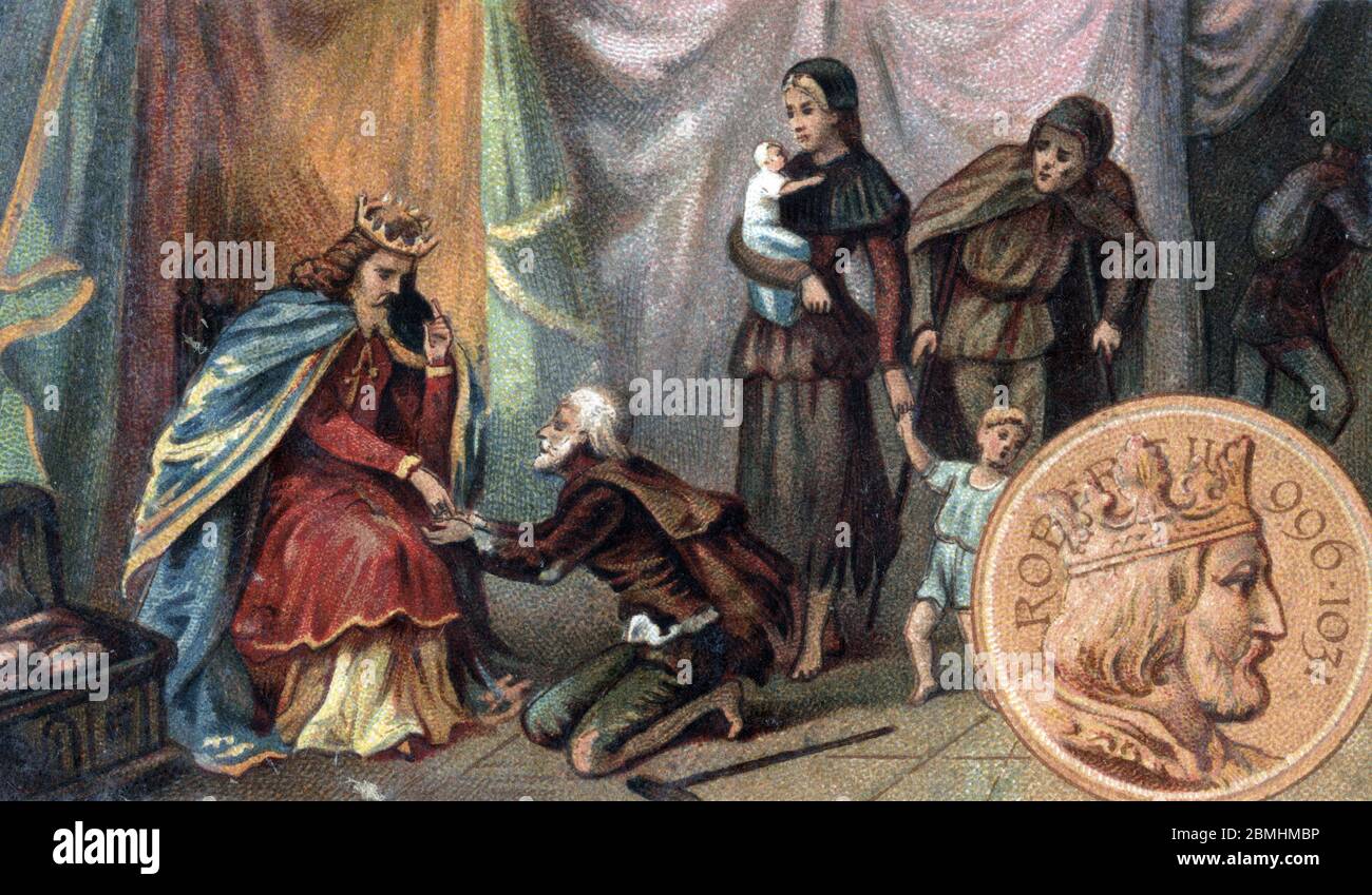 "Le roi de France Robert le Pieux (972-1031) nourrit les pauvres" (Robert II di Francia chiamato il pious (il saggio) alimentare i poors) Chromolithographie Foto Stock
