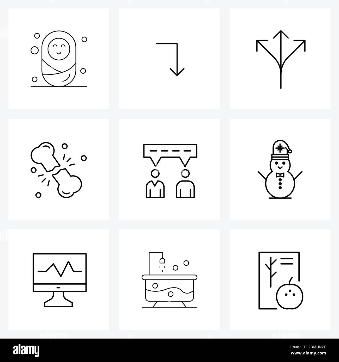 Set di icone di linea di 9 simboli moderni di profilo, collegamento, logistica, osso, illustrazione vettoriale medica Illustrazione Vettoriale