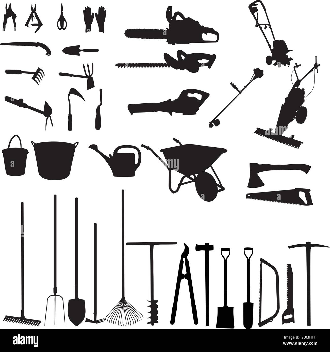 Silhouette di strumenti da giardinaggio set collezione vettoriale Illustrazione Vettoriale