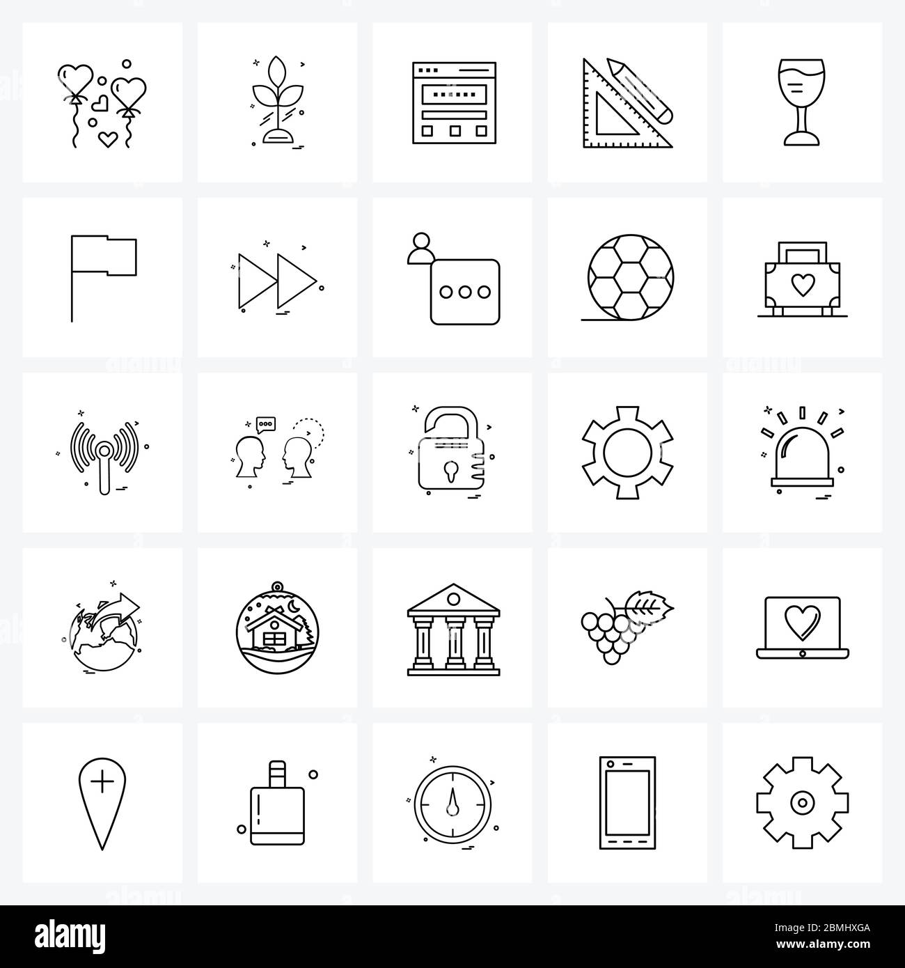 Confezione da 25 icone universali per applicazioni Web: Vetro, righello, disegno, matita, modello illustrazione vettoriale Illustrazione Vettoriale
