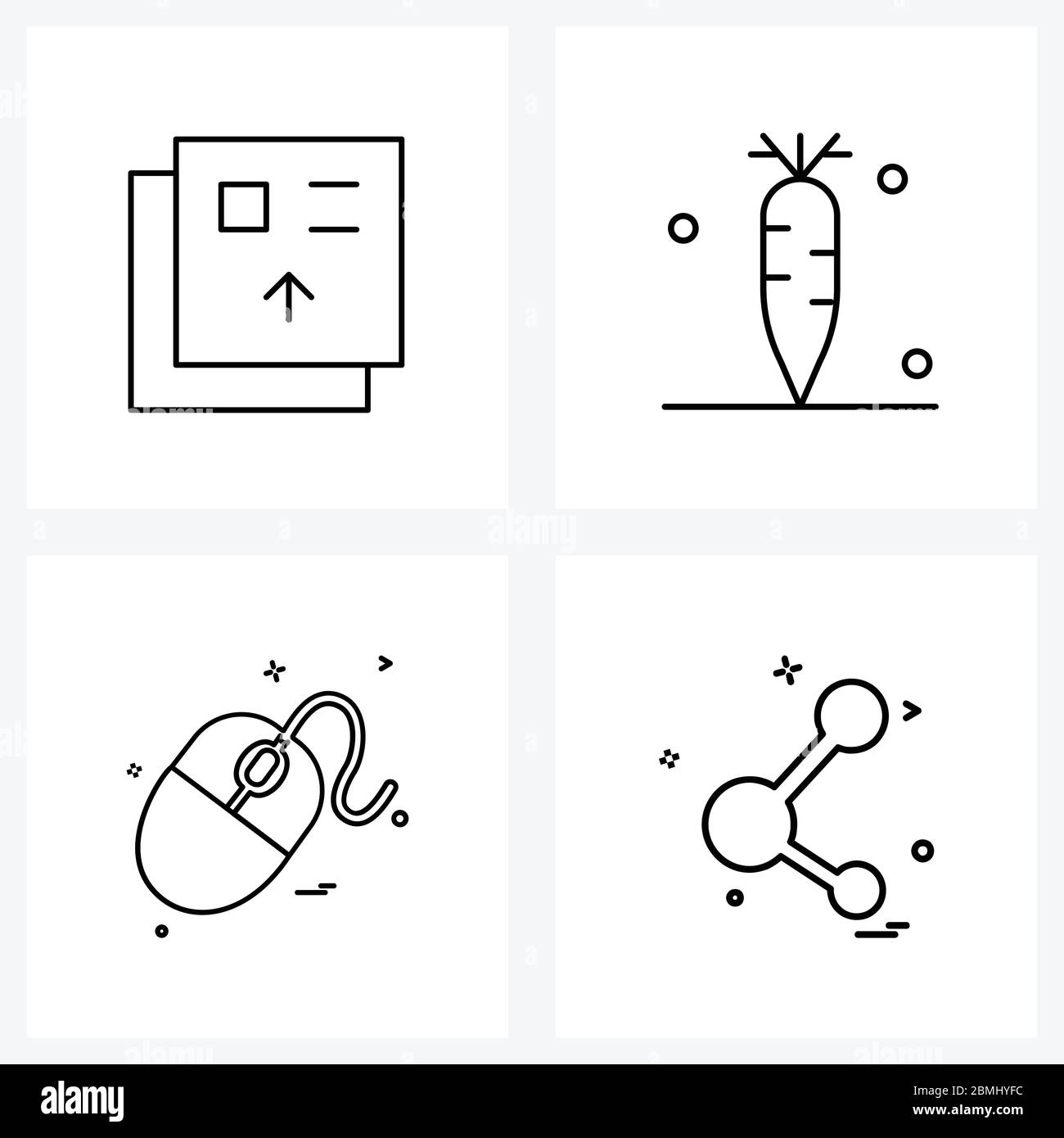 Set di 4 icone e simboli dell'interfaccia utente per galleria, mouse , freccia, radice, illustrazione vettoriale del dispositivo di input Illustrazione Vettoriale