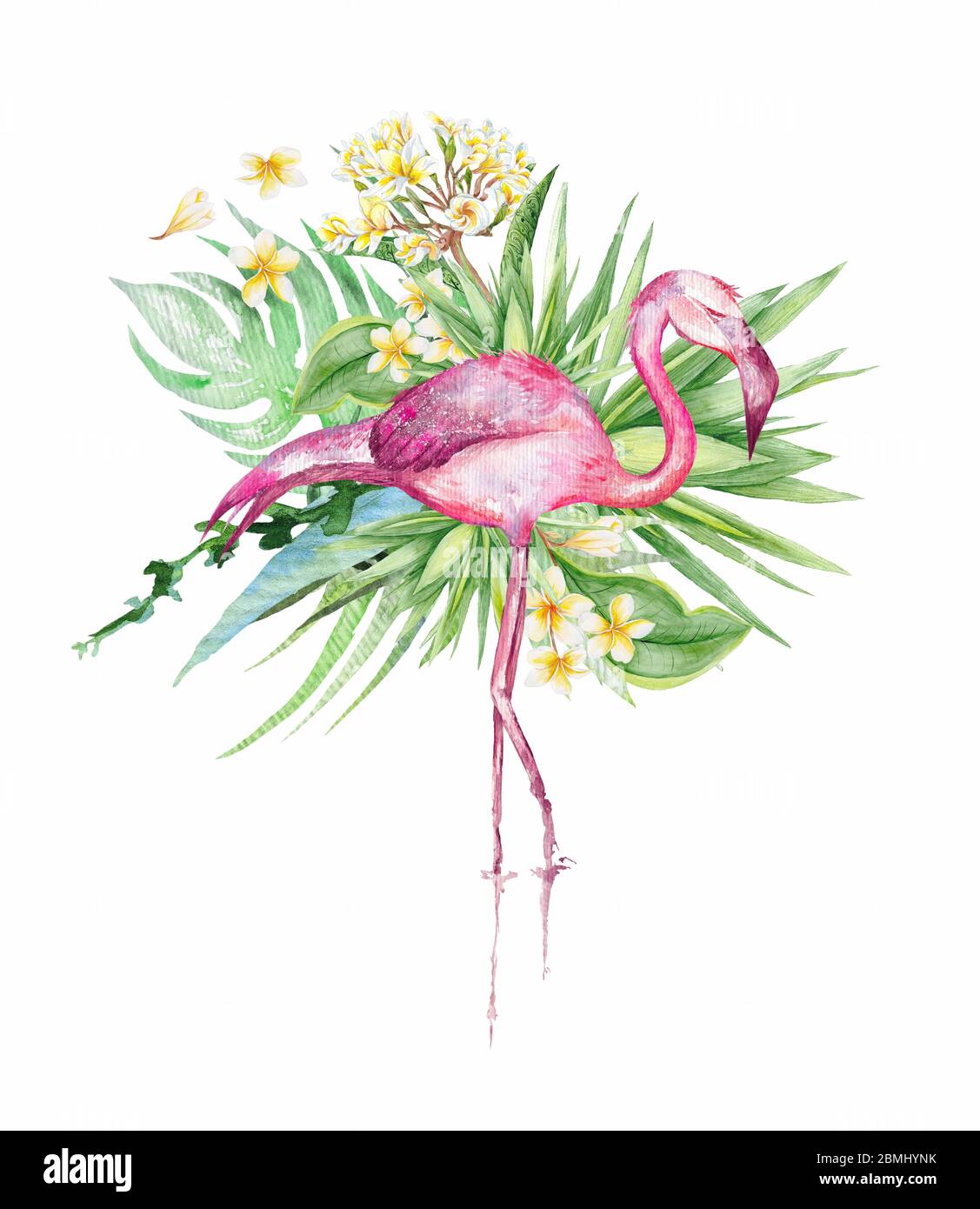 Stampa acquerello con foglie di palma e uccello fenicottero Foto Stock