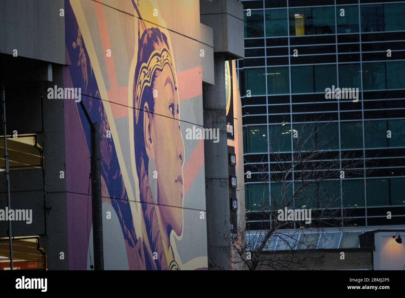 Street art su un edificio che raffigura una giovane donna indigena Cree nel centro di Calgary Alberta Canada Foto Stock