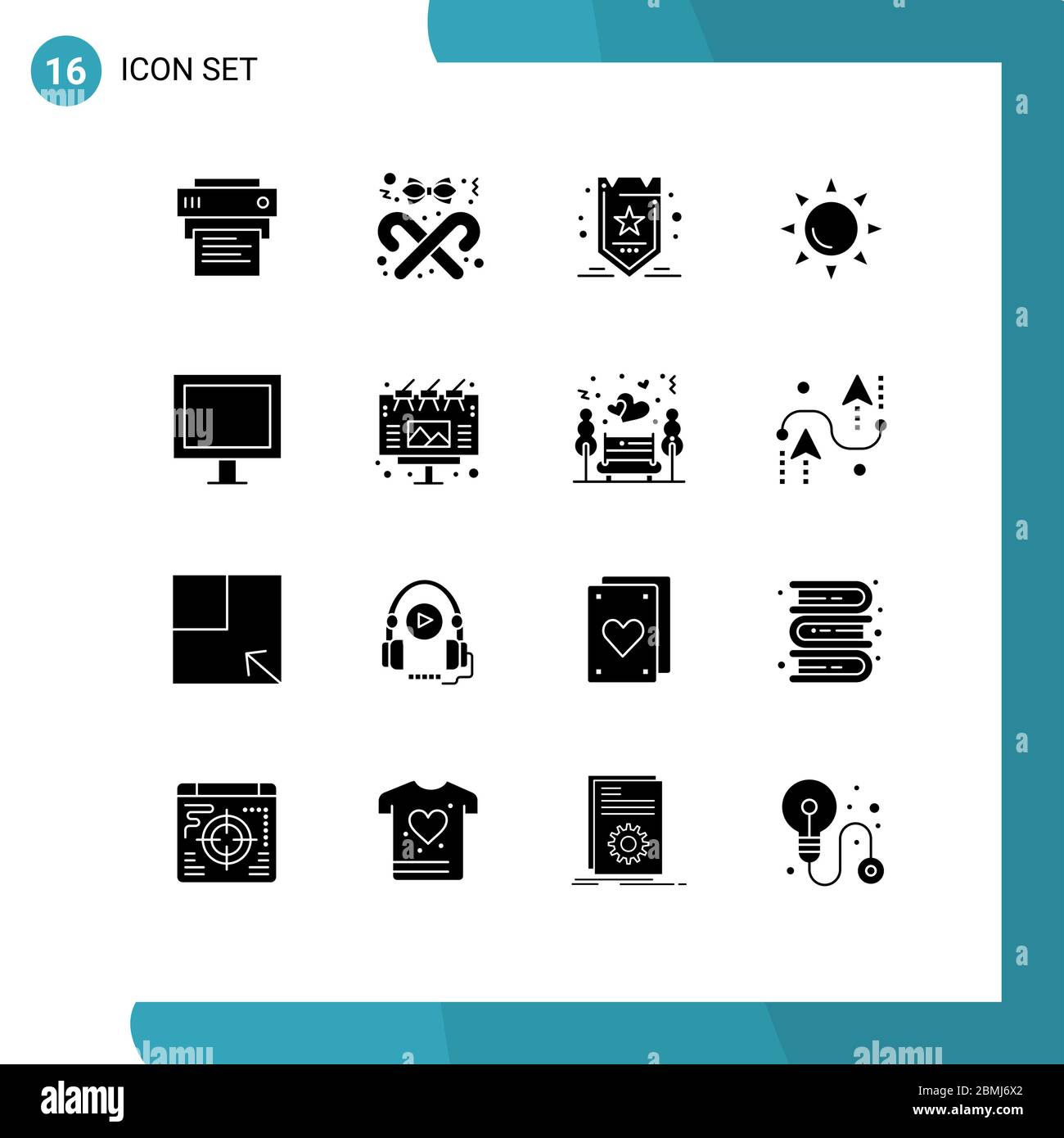 Pacchetto interfaccia utente di 16 glifi solidi di base di elementi elettrici, di shinning, di stick, di spiaggia, di tag Editable Vector Design Illustrazione Vettoriale