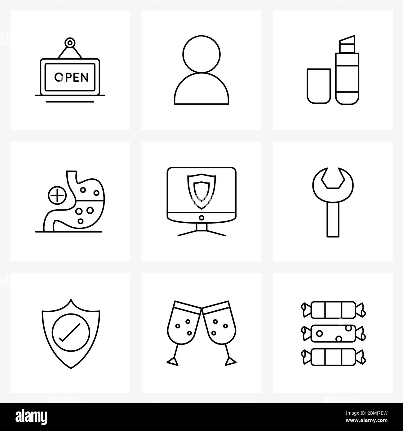 Simboli isolati Set di 9 icone semplici di linea di computer, salute, struttura, medico, donne Illustrazione vettoriale Illustrazione Vettoriale