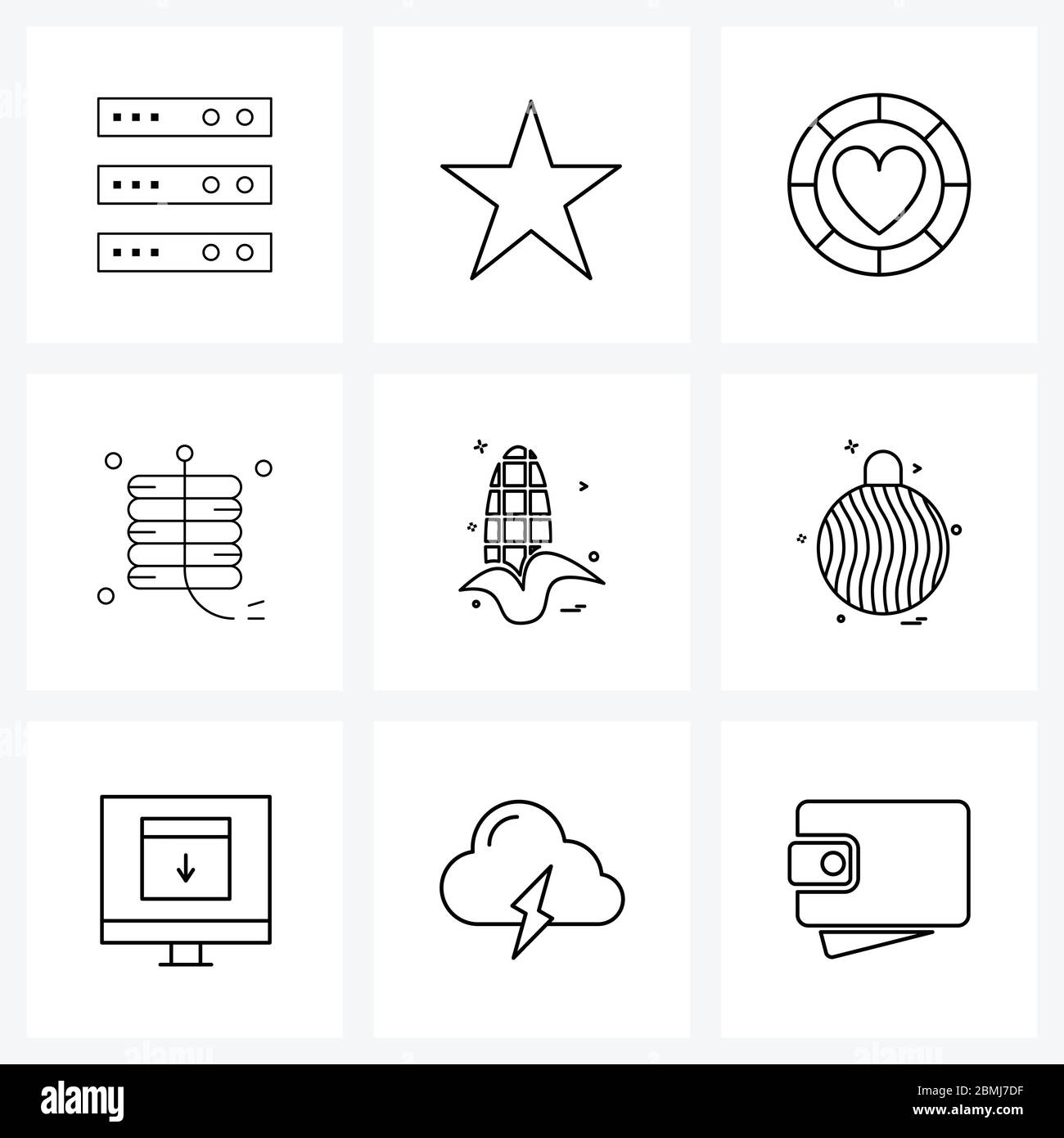 Set di 9 icone linea semplice di mais, firecracker, moneta, cinese, illustrazione vettoriale di cerebrazione Illustrazione Vettoriale