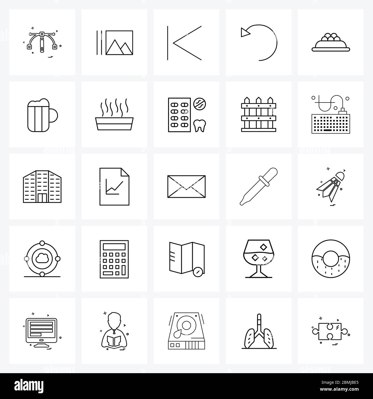 Set di icone di linea di 25 simboli moderni di radice, birra, inizio, cibo, banana spaccato illustrazione vettoriale Illustrazione Vettoriale