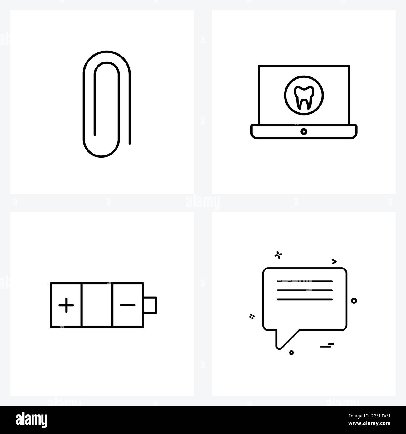 Set di 4 icone di linea vettoriale (link, stato della batteria, laptop, dentale, illustrazione vettoriale dei messaggi) Illustrazione Vettoriale