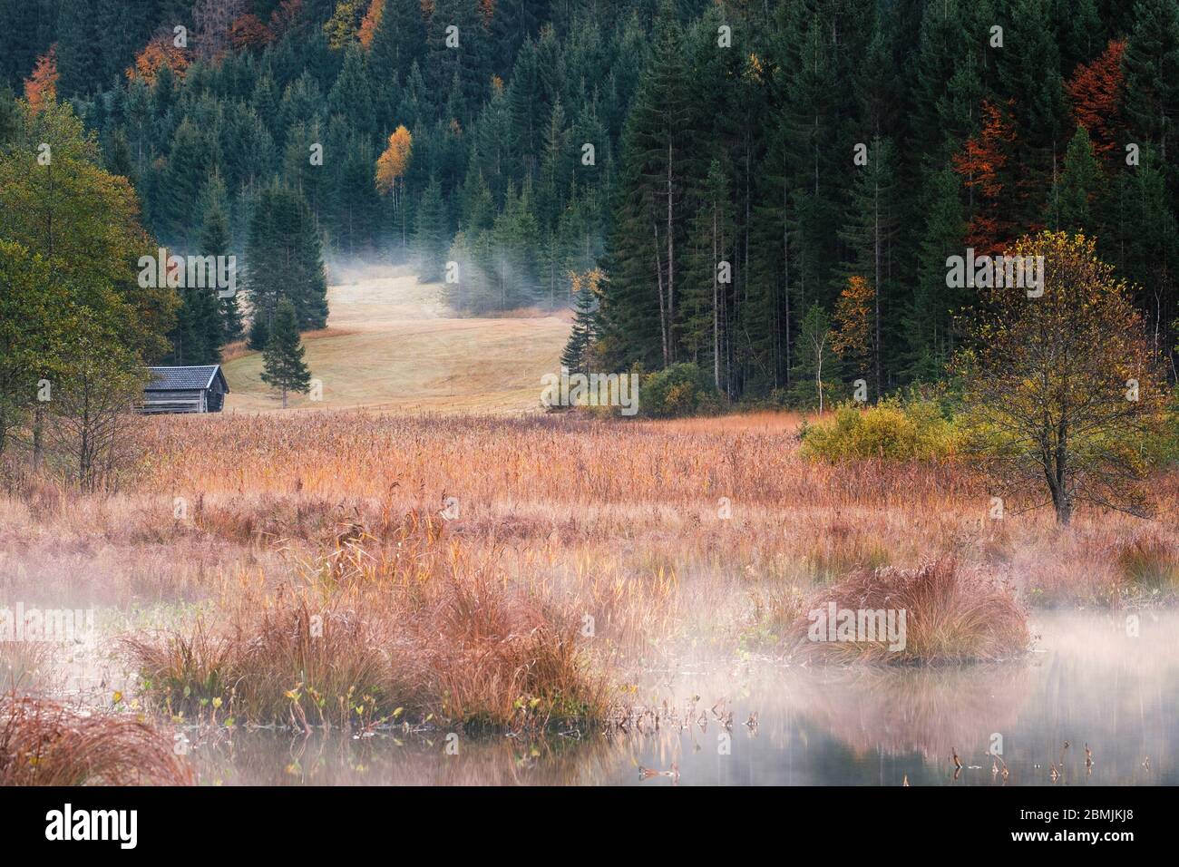 Misty mattina al Lago Geroldsee vicino Garmisch-Partenkirchen, Baviera, Germania. Foto Stock