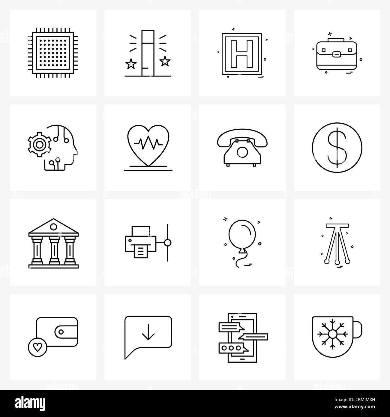 Simboli isolati Set di 16 icone semplici di intelligenza artificiale, ufficio, strumenti, valigia, salute illustrazione vettoriale Illustrazione Vettoriale