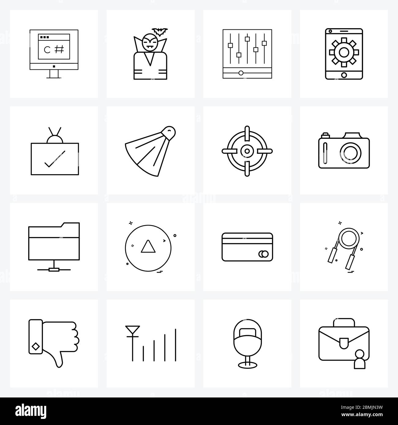 16 icone Universal Line per guardare, controllare, musica, attrezzi, mobile Vector Illustration Illustrazione Vettoriale