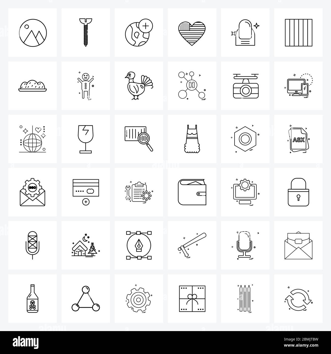 Simboli universali di 36 linea moderna icone di chiodo, bellezza, pianeta, cuore, bandiera Illustrazione vettoriale Illustrazione Vettoriale