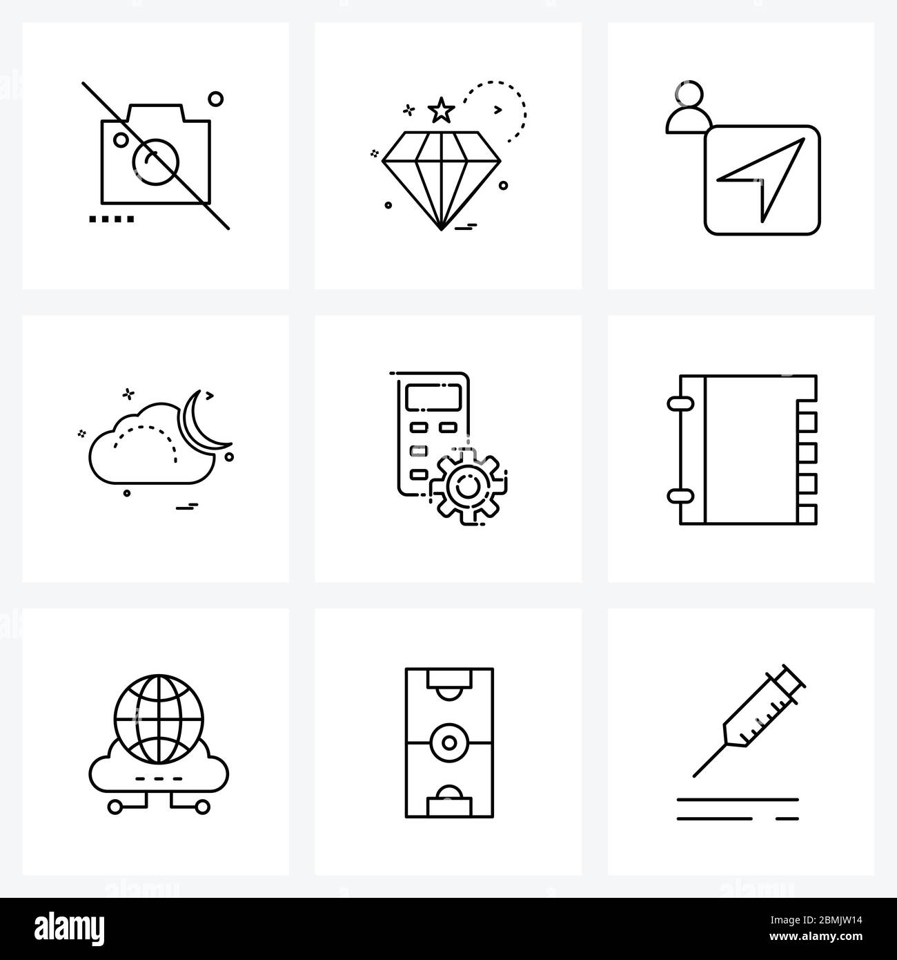 9 icone di linea universali per l'impostazione Web e mobile, l'impostazione mobile, il cursore, il meteo, l'illustrazione del vettore luna Illustrazione Vettoriale