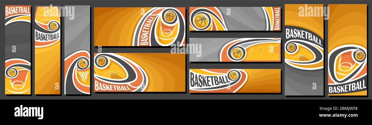 Set vettoriale di Basketball Banner, template decorativi verticali e orizzontali per eventi di basket con illustrazione di campi sportivi e volo su cu Illustrazione Vettoriale