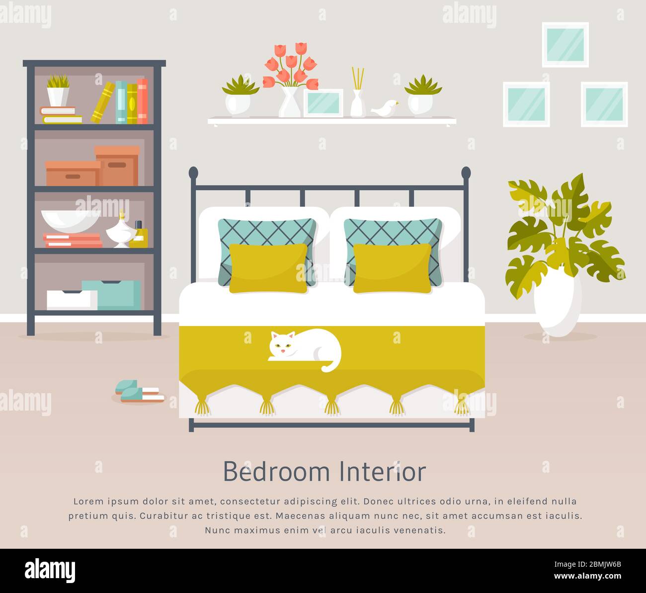 Interno della camera da letto. Banner flat vettoriale con posto per testo. Design di una camera accogliente e alla moda con letto matrimoniale, scaffale, gatto e accessori di arredamento. Casa. Illustrazione Vettoriale