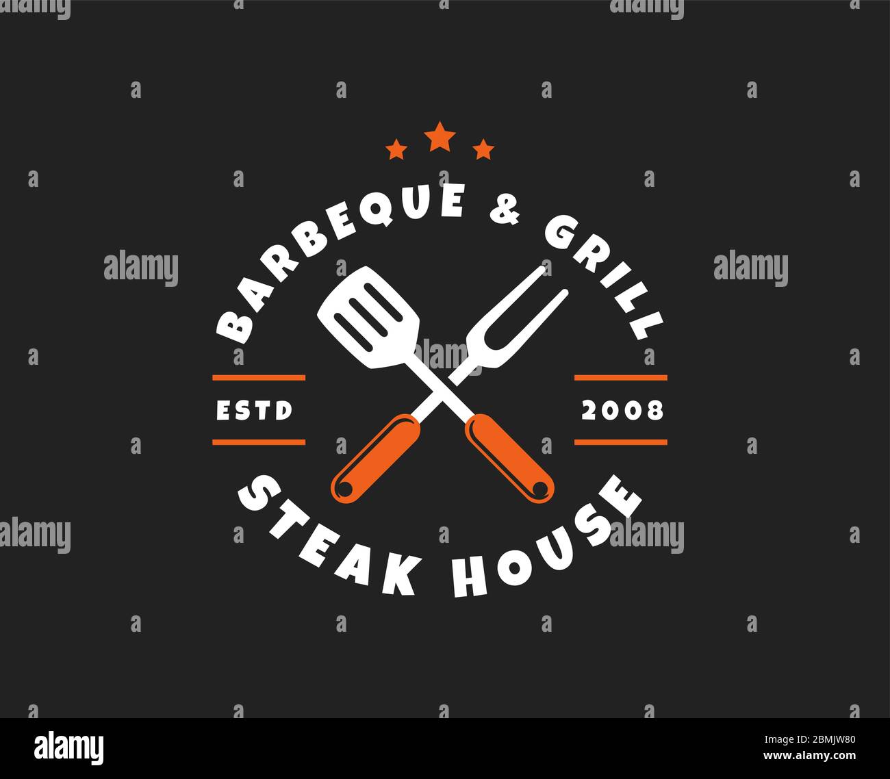 Logo barbecue e grill isolato su sfondo nero. Emblema vettoriale per ristorante barbecue o steak house. Illustrazione Vettoriale