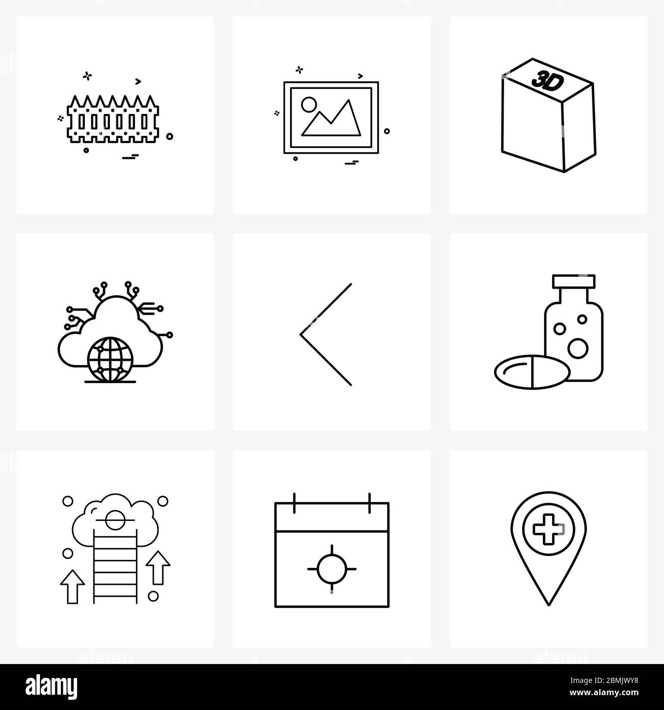 Simboli isolati Set di 9 icone semplici di linea di illustrazione medica, di direzione, cubo, freccia, vettore globo Illustrazione Vettoriale