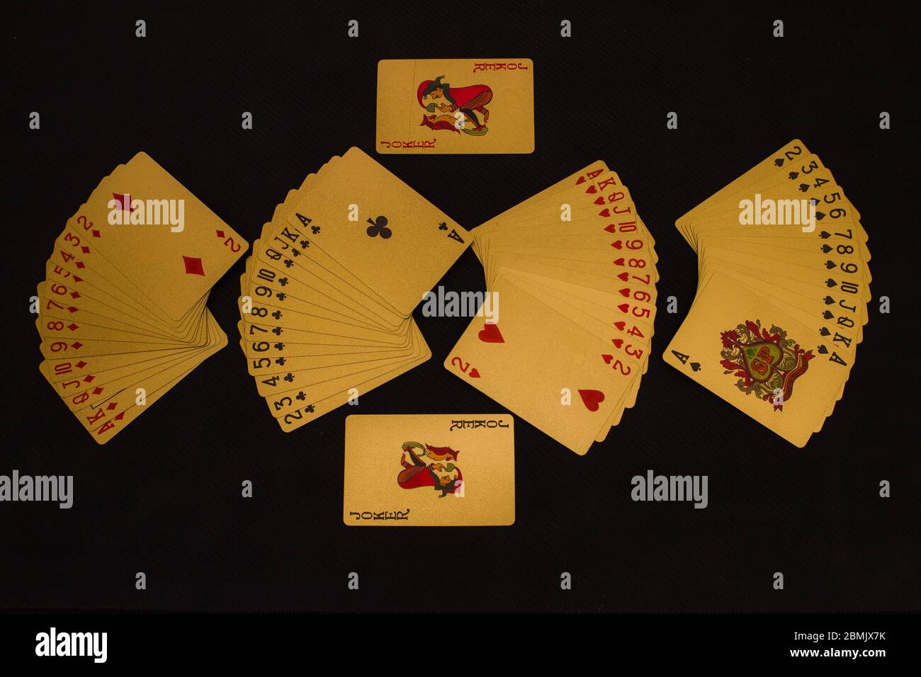 Mazzo di carte disposte su una superficie piana in un modello con il joker Foto Stock