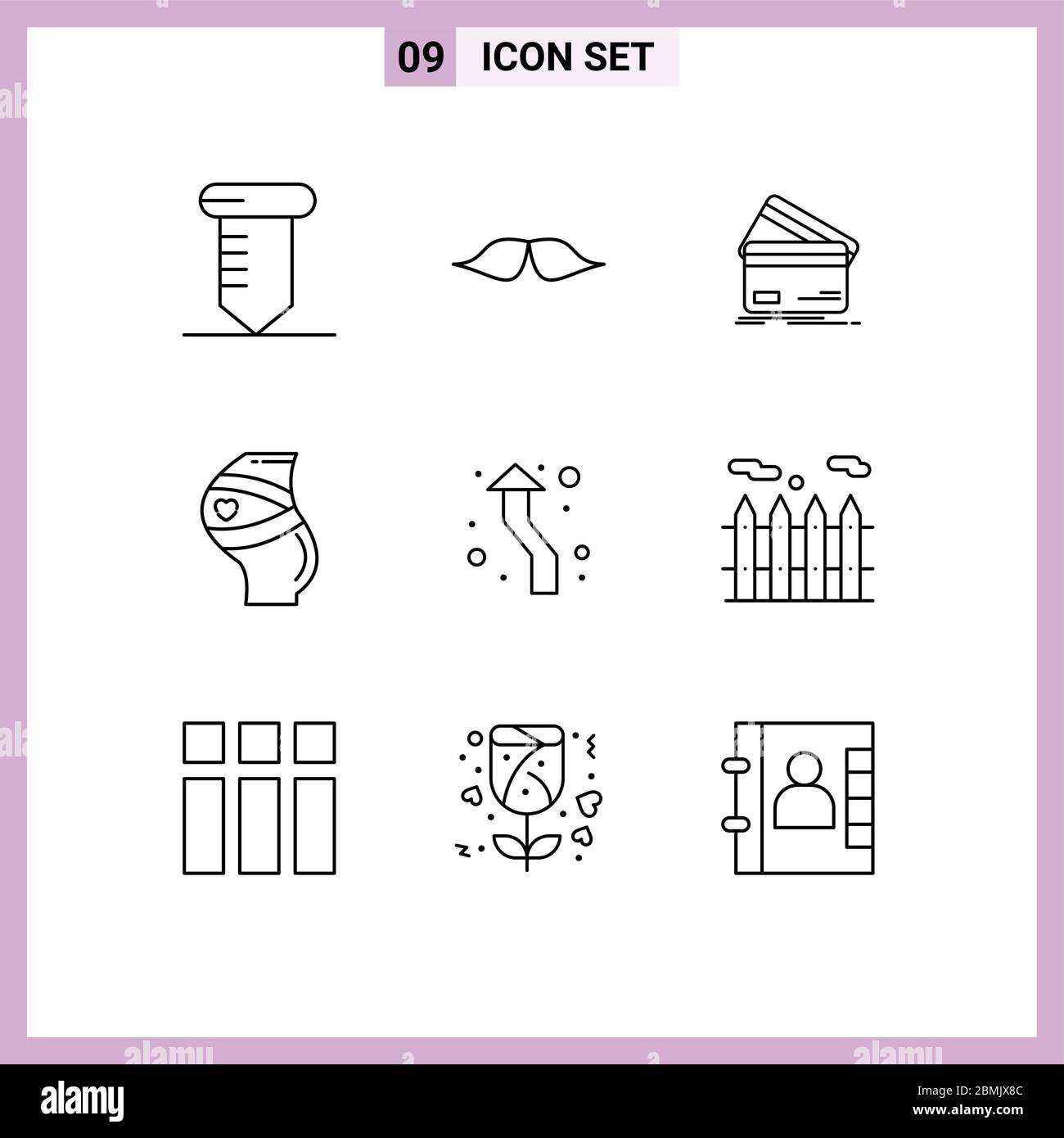 Set di 9 icone moderne dell'interfaccia utente simboli segni per gravidanza, cintura, carta di credito, shopping, finanza elementi di progettazione vettoriale editabili Illustrazione Vettoriale